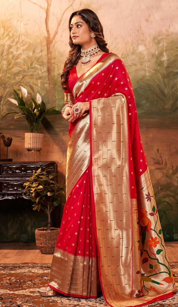 Tomato Red Silk Paithani Work Traditional Wear Saree - 11858203626