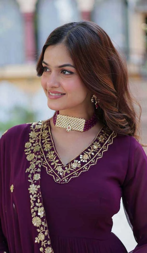 Wine Georgette Embroidery Work Party Wear Gown - 11871203704