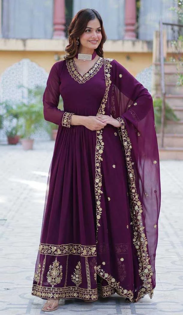 Wine Georgette Embroidery Work Party Wear Gown - 11871203704