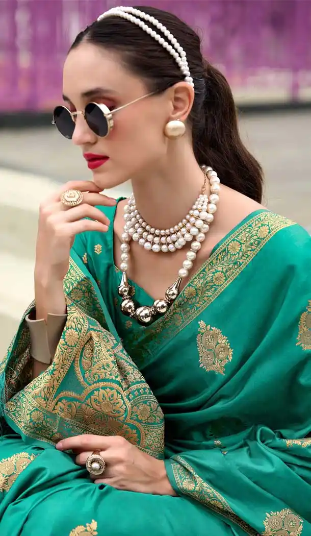 Sea Green Satin Zari Weaving Work Party Wear Saree - 11894203808