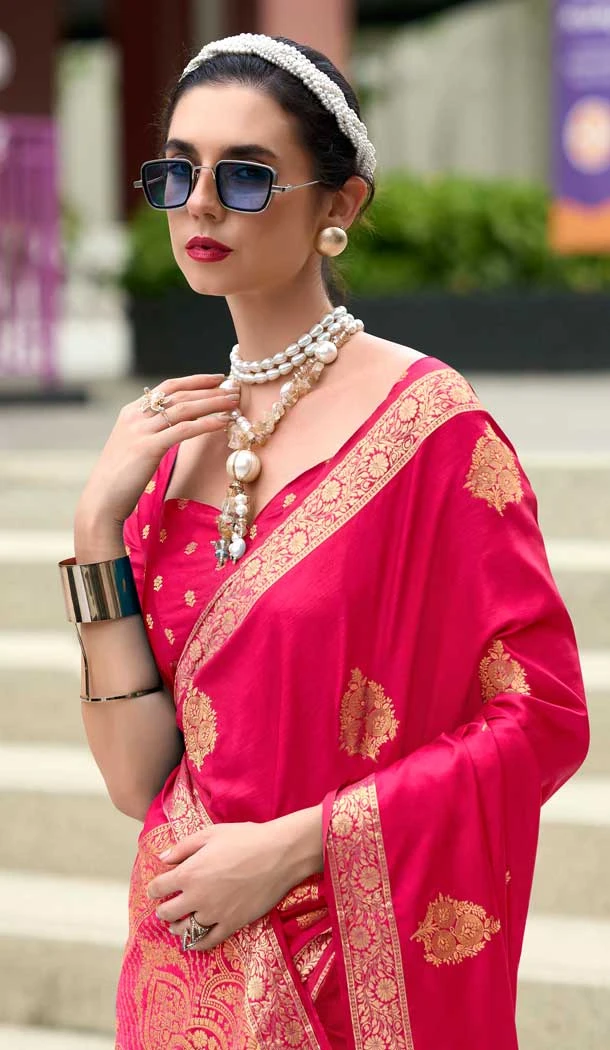 Rani Pink Satin Zari Weaving Work Party Wear Saree - 11894203809