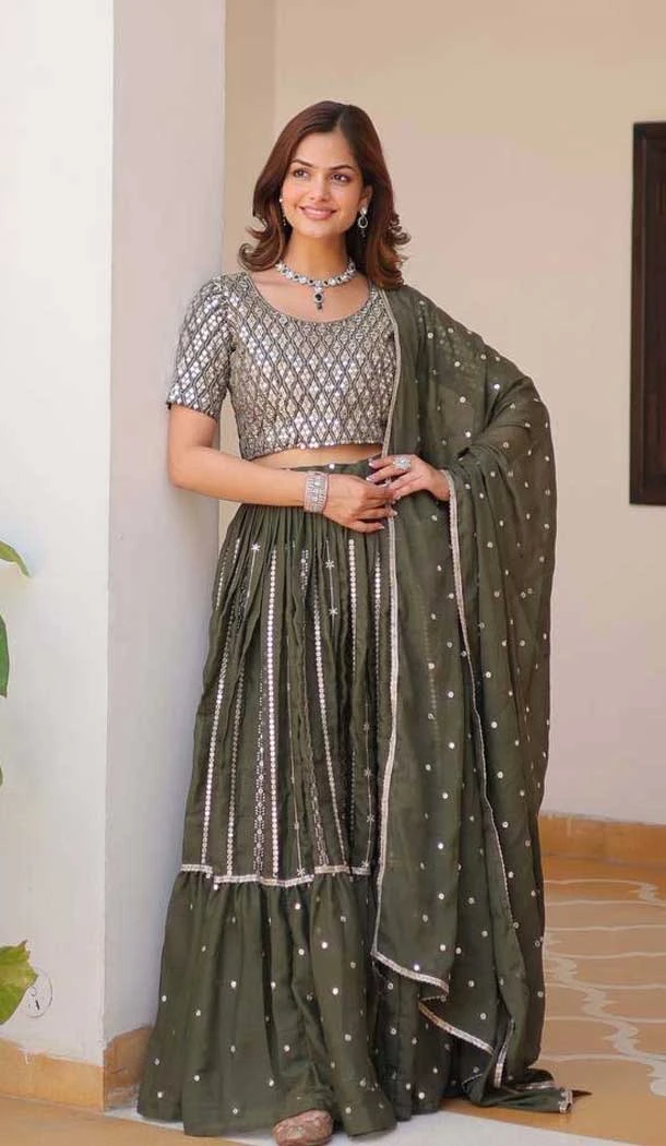 Star Georgette Embroidery Work Women Lehenga Choli In Mehendi Green - 11905203877