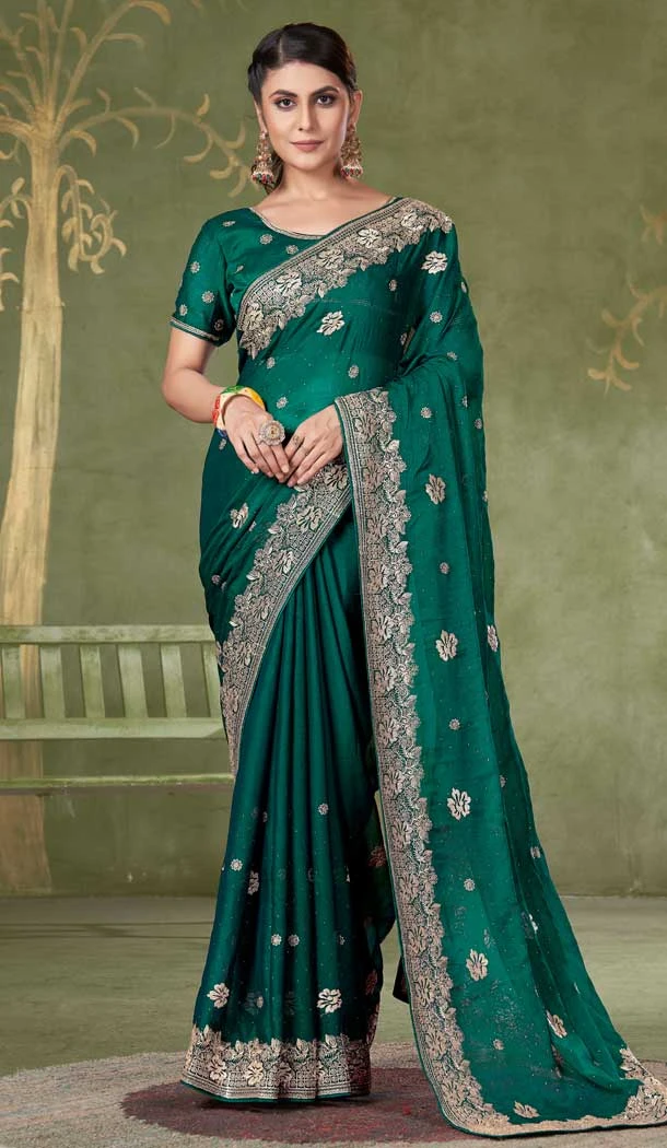 Chiffon Resham Work Party Wear Saree In Green - 11921203942