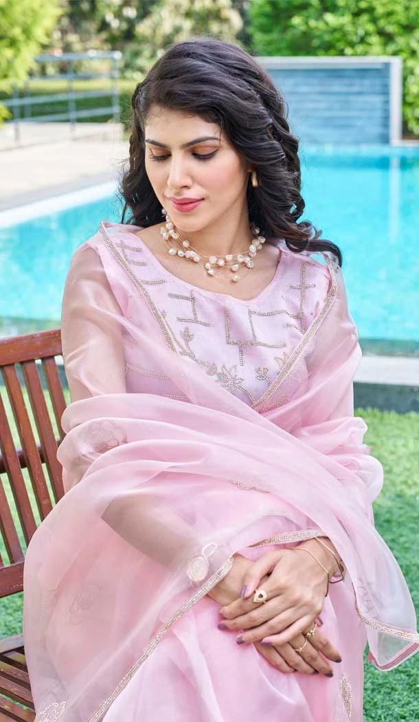 Pink Organza Hand Work Party Wear Saree - 11926203963