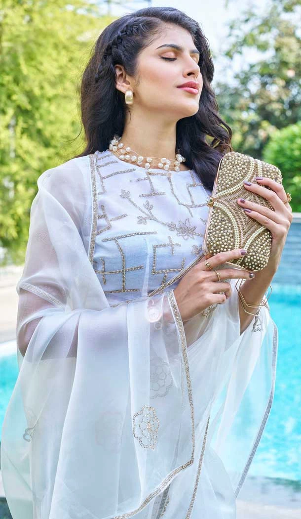 White Organza Hand Work Party Wear Saree - 11926203964 White Organza Hand Work Party Wear Saree - 11926203964