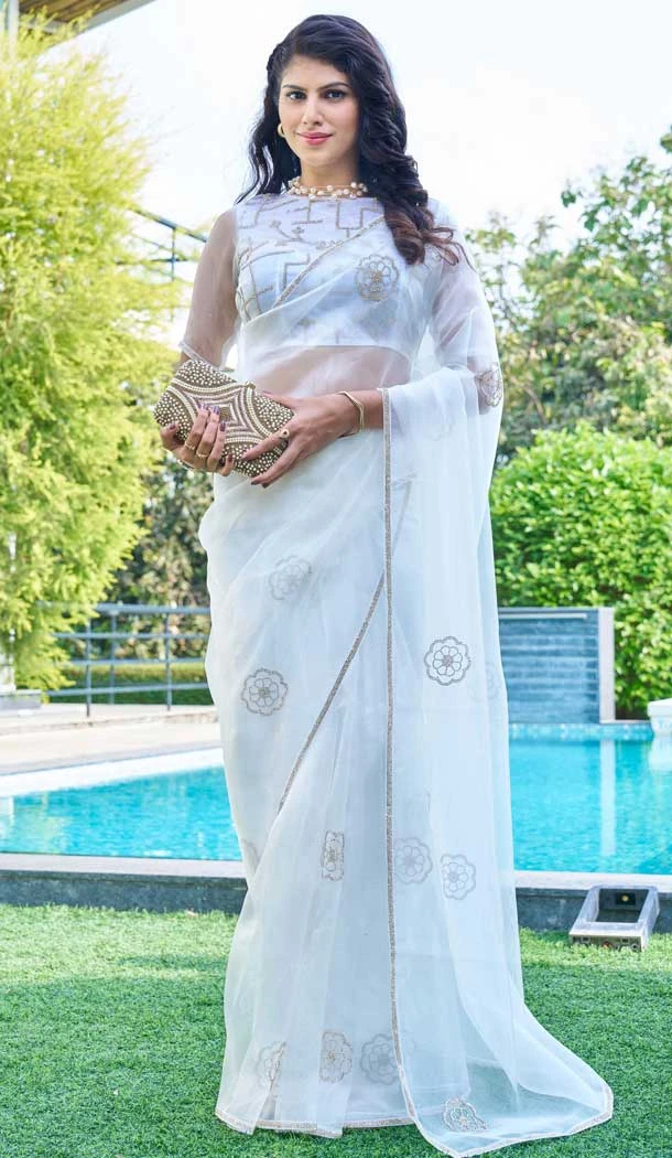 White Organza Hand Work Party Wear Saree - 11926203964 White Organza Hand Work Party Wear Saree - 11926203964