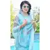 Sky Blue Organza Hand Work Party Wear Plus Size Saree - 11926203966