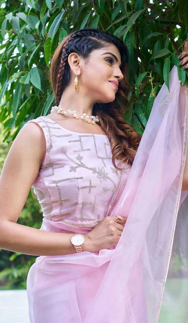 Organza Hand Work Party Wear Saree In Pink - 11926203967
