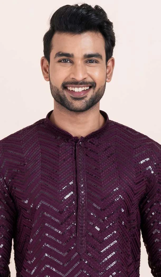 Viscose Rayon Sequins Work Men Kurta Pajama In Purple - 11951204123