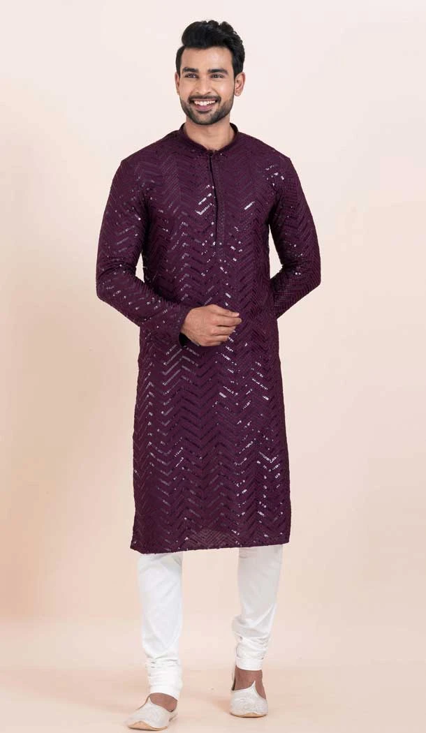 Viscose Rayon Sequins Work Men Kurta Pajama In Purple - 11951204123