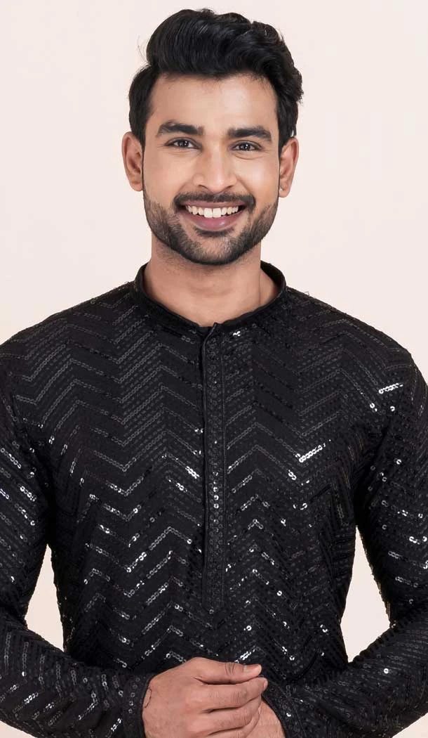 Viscose Rayon Sequins Work Men Kurta Pajama In Black - 11951204124