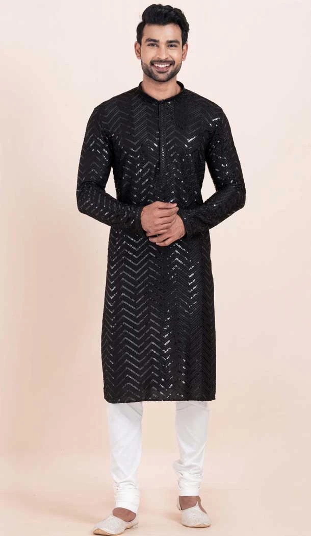 Viscose Rayon Sequins Work Men Kurta Pajama In Black - 11951204124