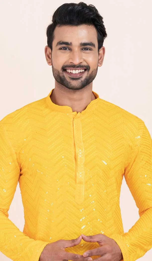 Viscose Rayon Sequins Work Men Kurta Pajama In Yellow - 11951204125