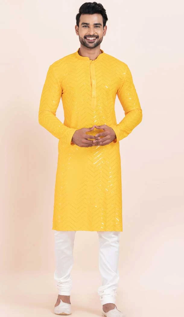 Viscose Rayon Sequins Work Men Kurta Pajama In Yellow - 11951204125