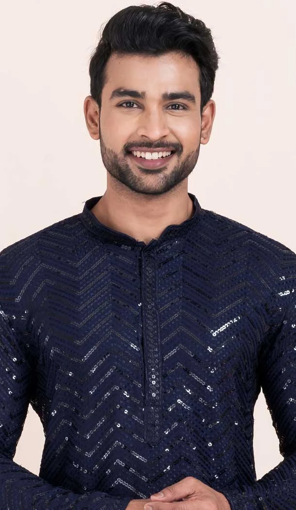 Viscose Rayon Sequins Work Men Kurta Pajama In Navy Blue - 11951204126