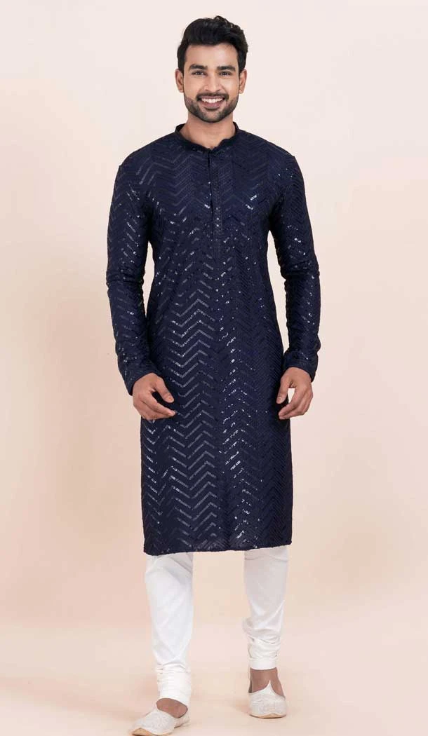Viscose Rayon Sequins Work Men Kurta Pajama In Navy Blue - 11951204126