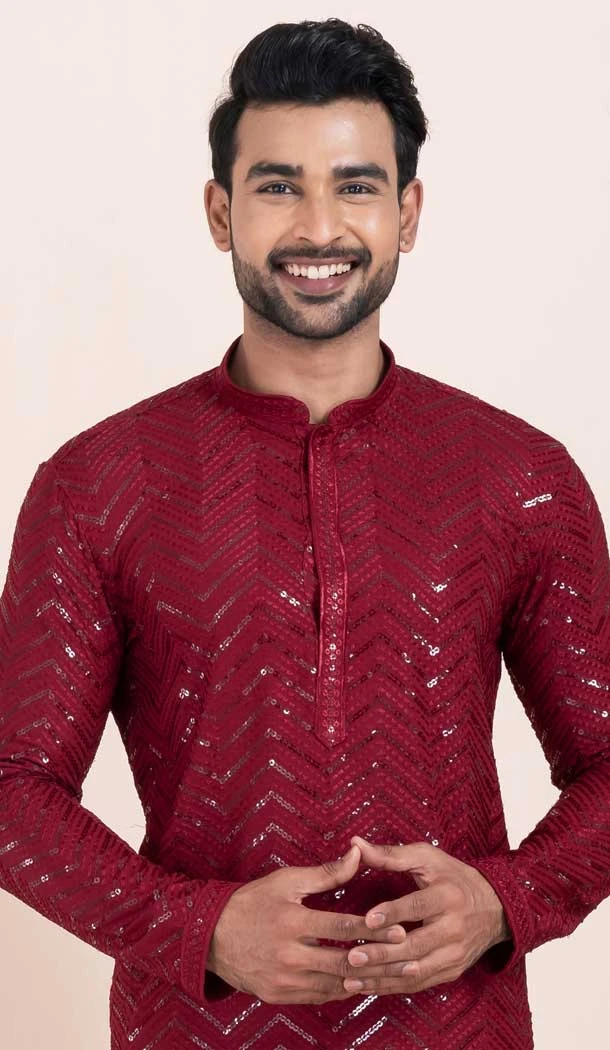 Viscose Rayon Sequins Work Men Kurta Pajama In Maroon - 11951204127