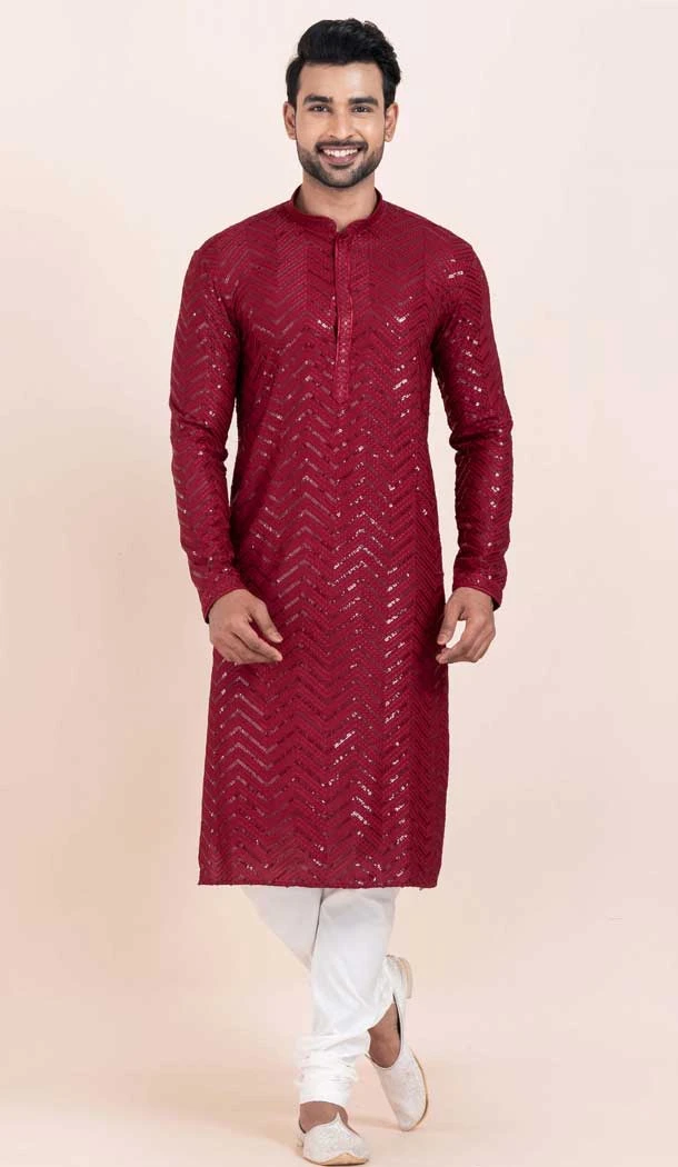 Viscose Rayon Sequins Work Men Kurta Pajama In Maroon - 11951204127