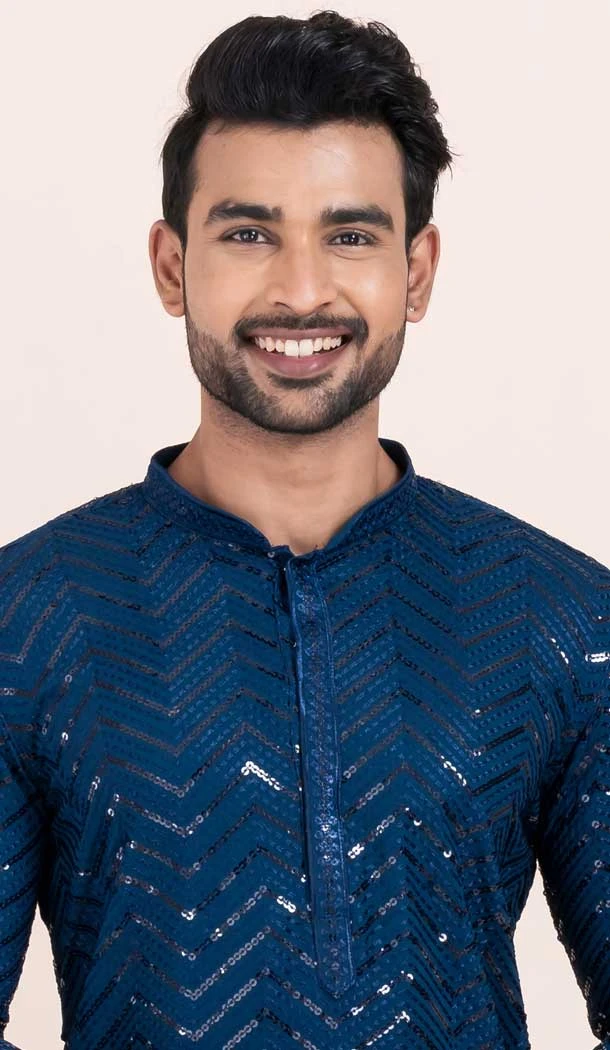 Viscose Rayon Sequins Work Men Kurta Pajama In Blue - 11951204128