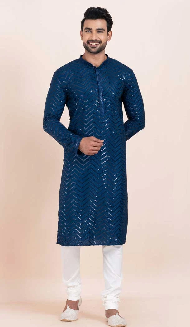 Viscose Rayon Sequins Work Men Kurta Pajama In Blue - 11951204128