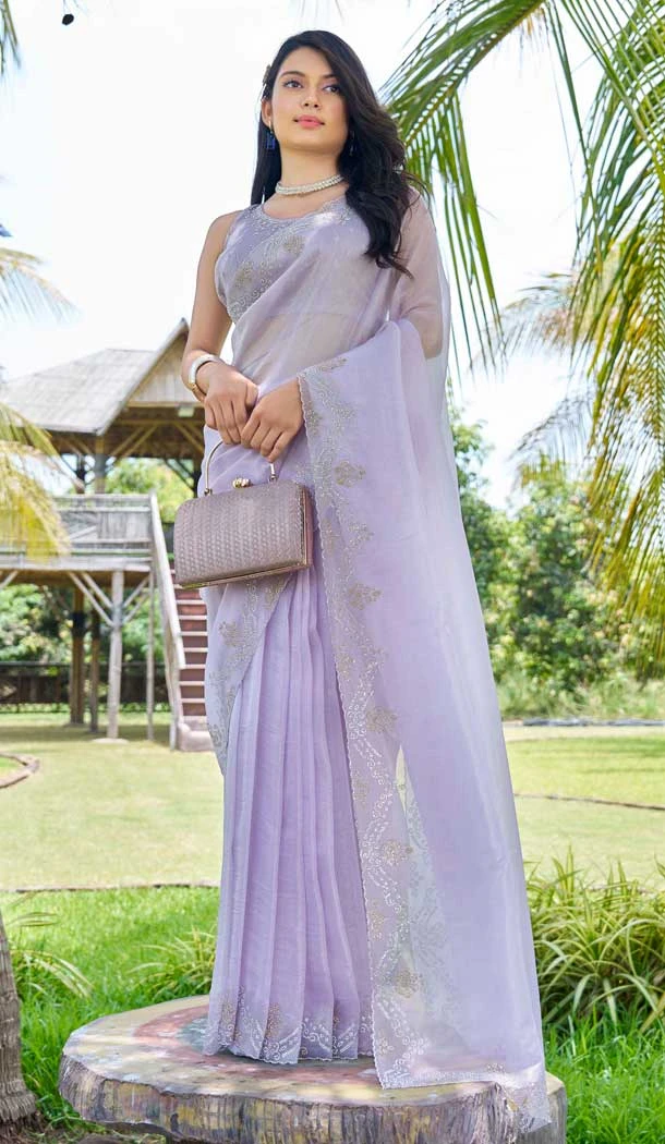 Lavender Super Coat Embroidered Party Wear Saree - 11927203968