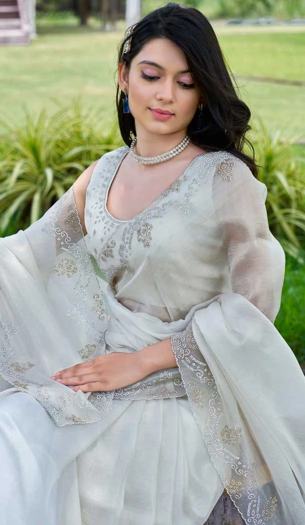 White Super Coat Embroidered Party Wear Saree - 11927203969