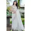 White Super Coat Embroidered Party Wear Plus Size Saree - 11927203969