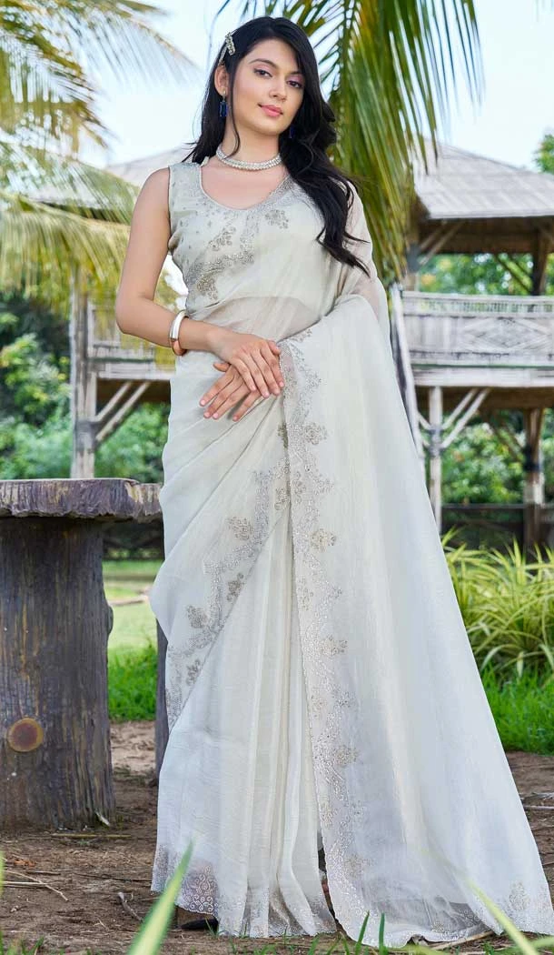 White Super Coat Embroidered Party Wear Saree - 11927203969