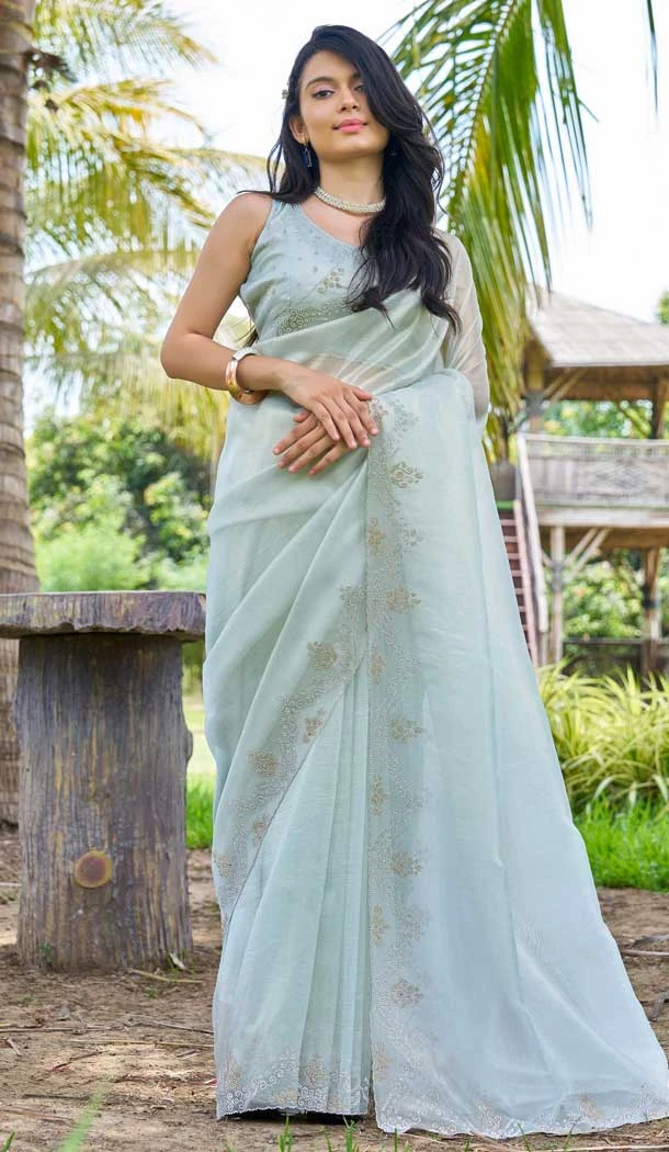 Mint Green Super Coat Embroidered Party Wear Saree - 11927203970
