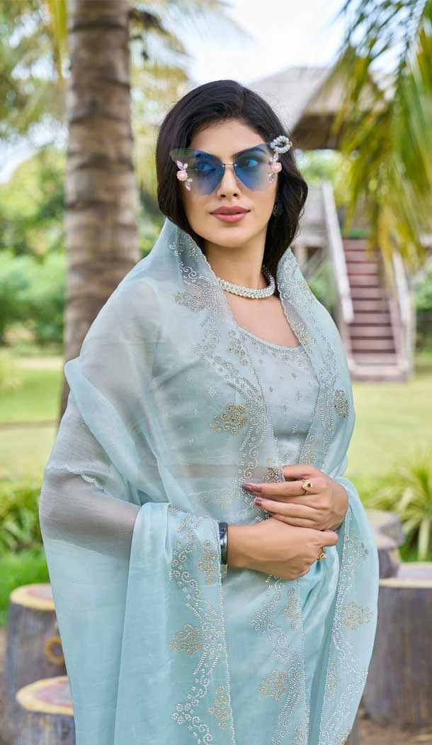 Sky Blue Super Coat Embroidered Party Wear Saree - 11927203972