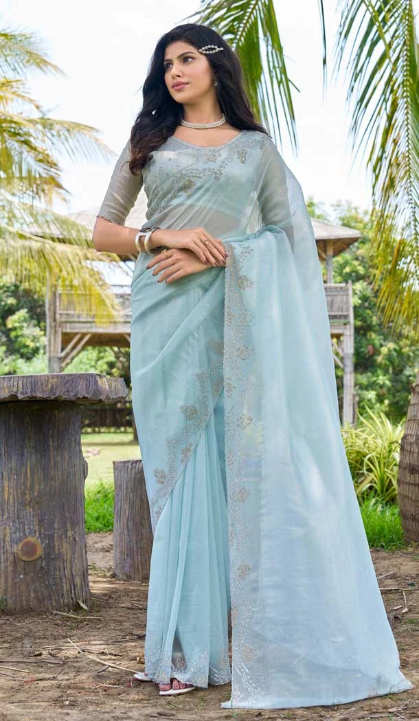 Sky Blue Super Coat Embroidered Party Wear Saree - 11927203972