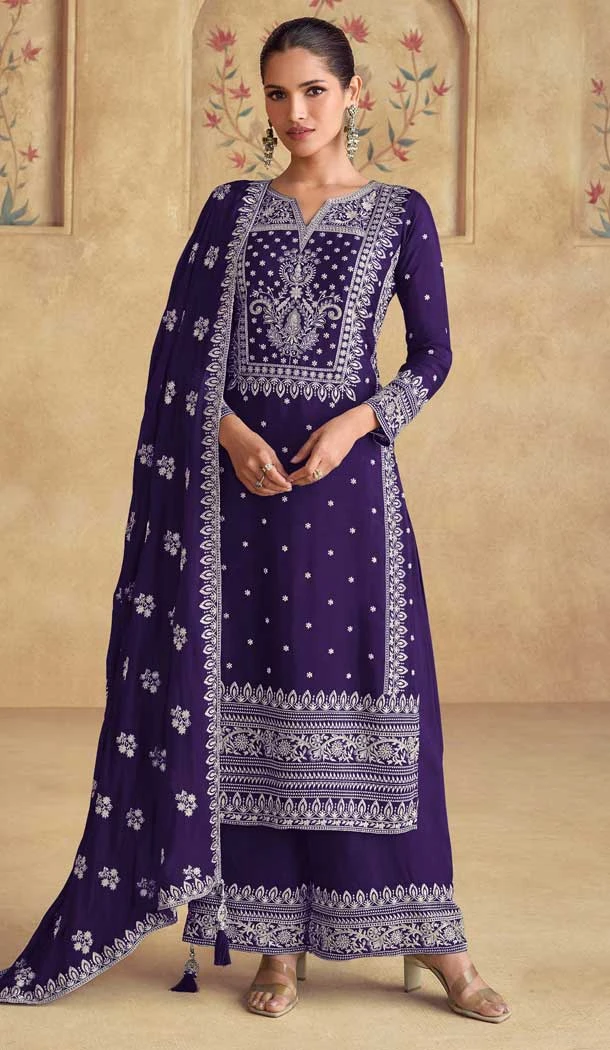 Purple Fox Georgette Embroidered Pakistani Palazzo Salwar Suit - 11936204012
