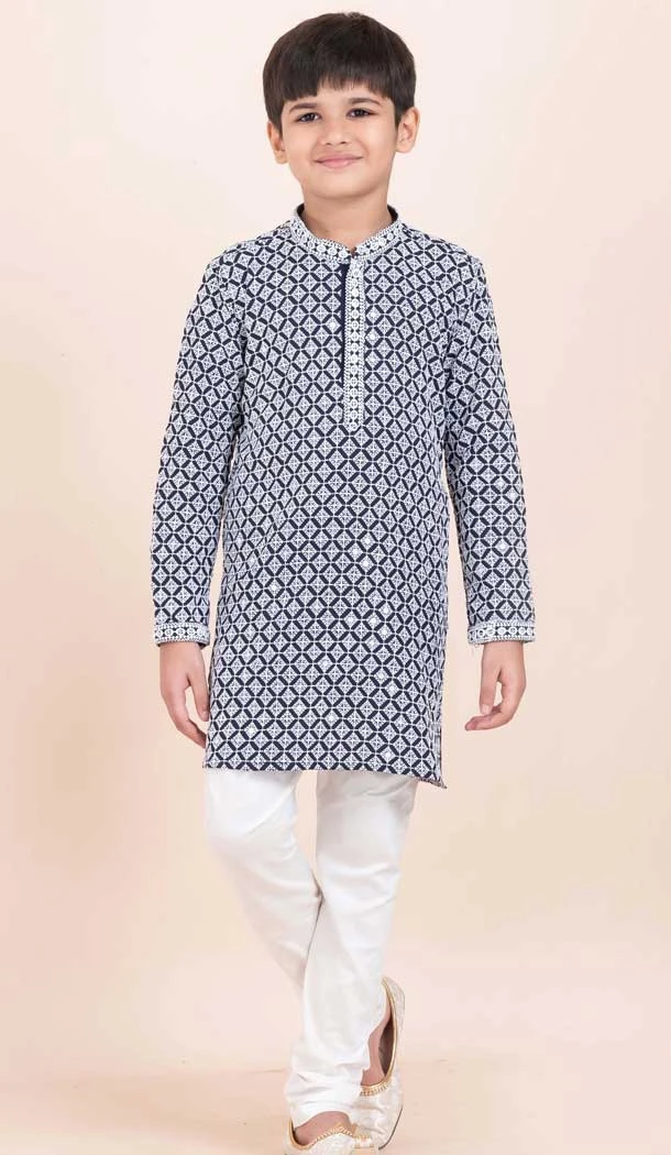 Navy Blue Rayon Jacquard Work Party Wear Kid Kurta Pajama - 11953204135