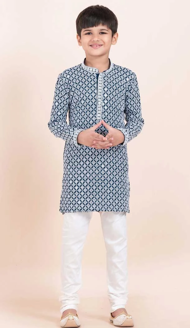 Blue Rayon Jacquard Work Party Wear Kid Kurta Pajama - 11953204136