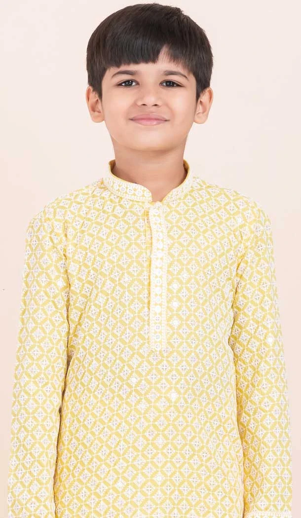 Yellow Rayon Jacquard Work Party Wear Kid Kurta Pajama - 11953204137