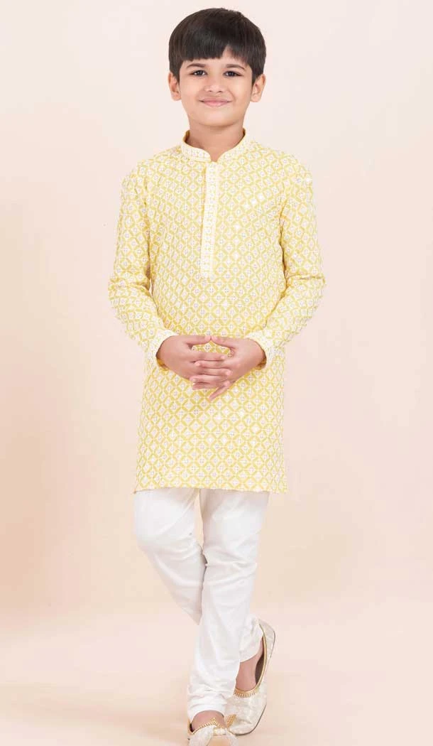 Yellow Rayon Jacquard Work Party Wear Kid Kurta Pajama - 11953204137