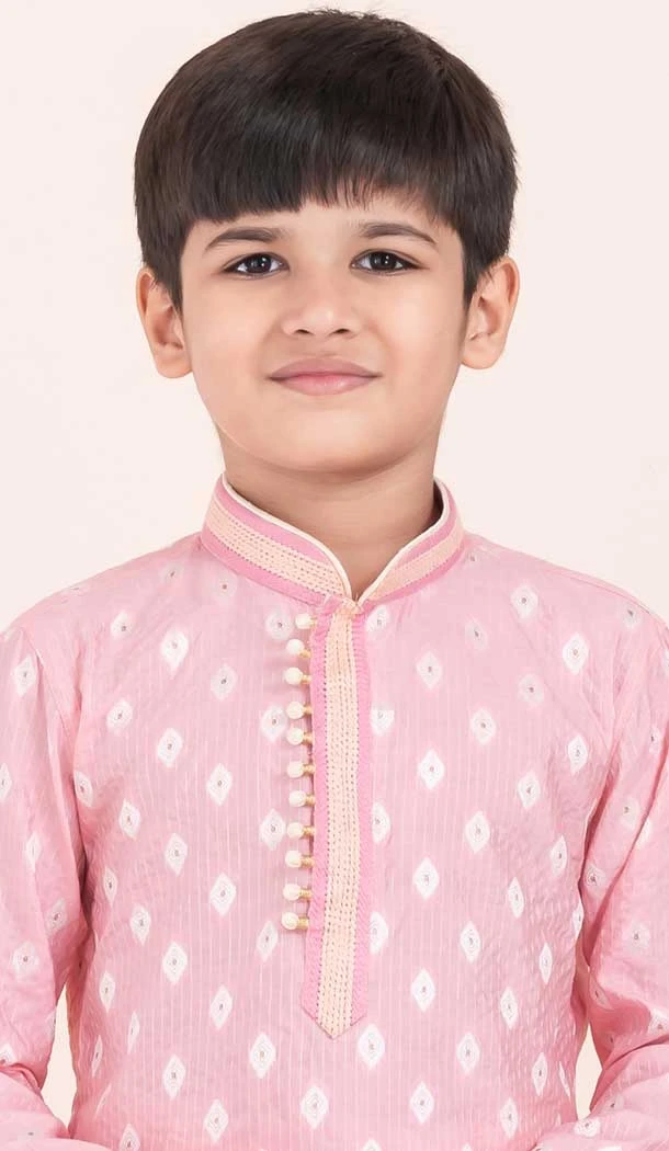 Pink Cotton Jacquard Work Party Wear Kid Kurta Pajama - 11953204138