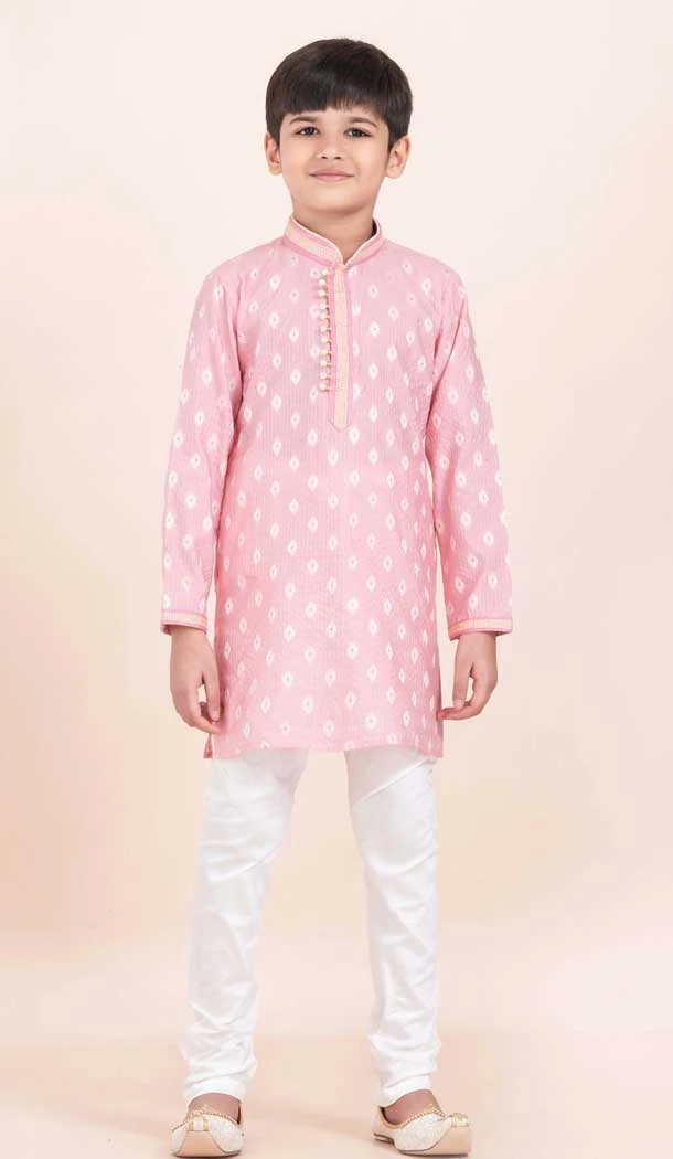 Pink Cotton Jacquard Work Party Wear Kid Kurta Pajama - 11953204138