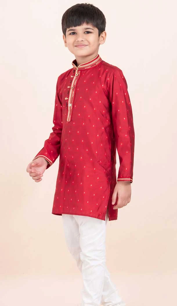 Red Cotton Jacquard Work Party Wear Kid Kurta Pajama - 11953204139