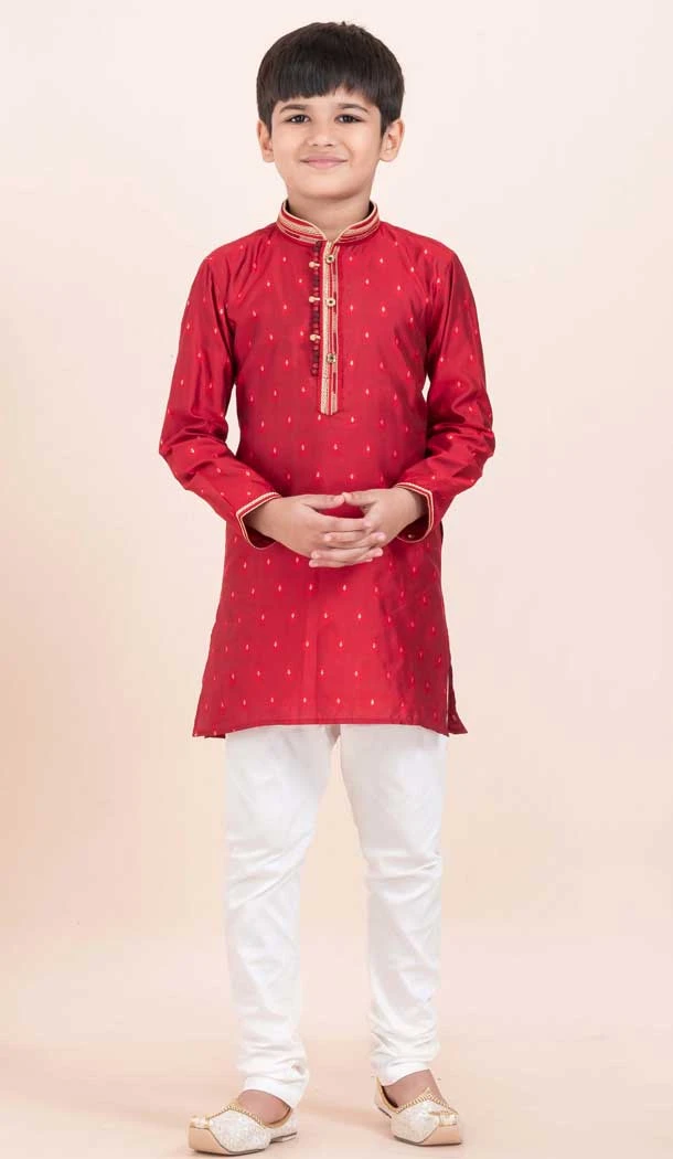 Red Cotton Jacquard Work Party Wear Kid Kurta Pajama - 11953204139