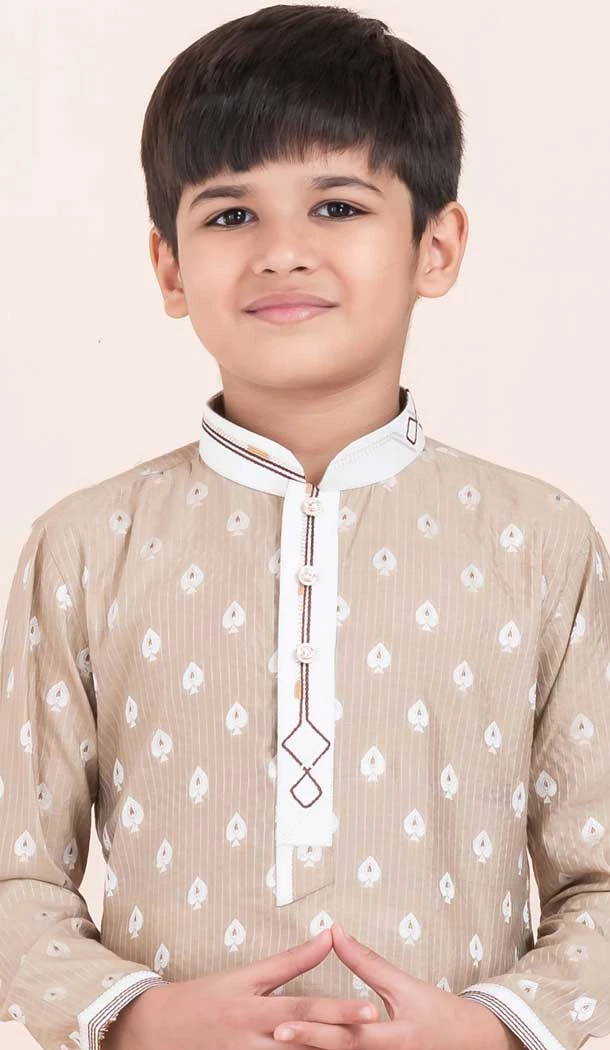 Brown Cotton Jacquard Work Party Wear Kid Kurta Pajama - 11953204140