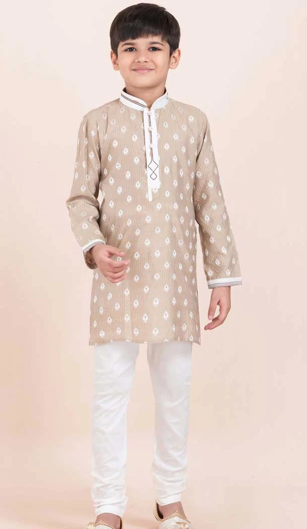 Brown Cotton Jacquard Work Party Wear Kid Kurta Pajama - 11953204140