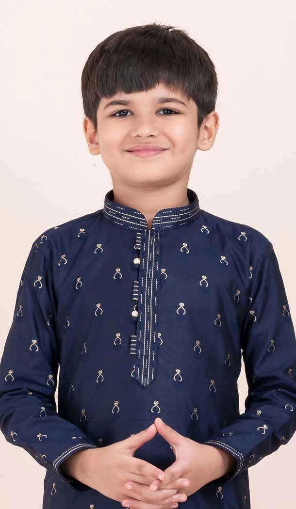 Navy Blue Cotton Jacquard Work Party Wear Kid Kurta Pajama - 11953204141