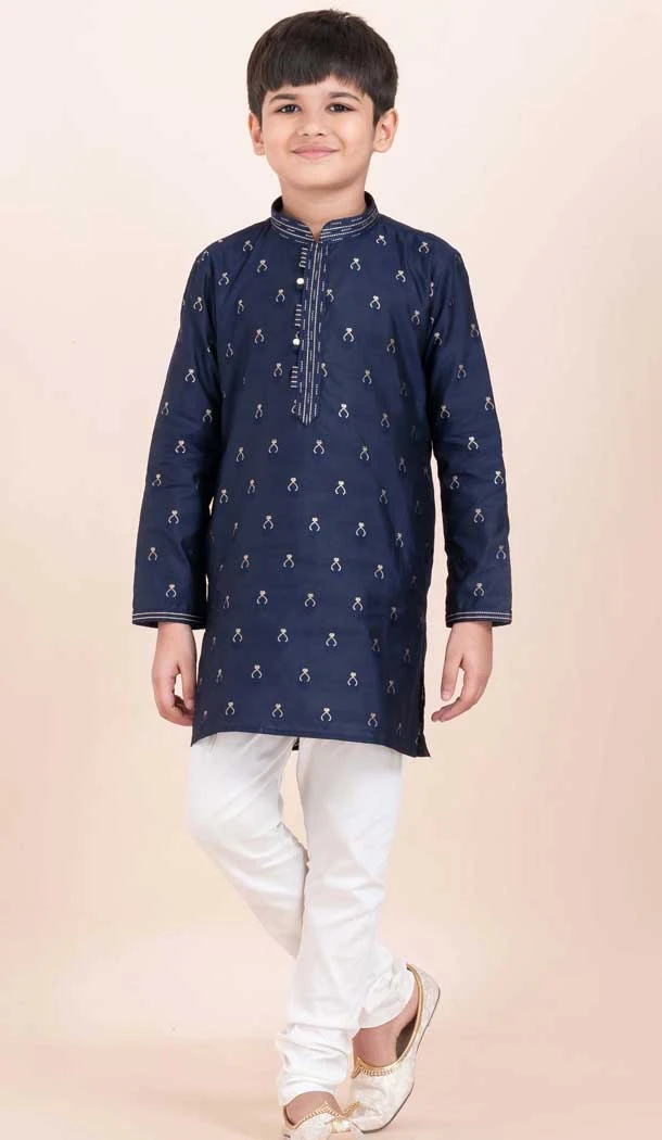 Navy Blue Cotton Jacquard Work Party Wear Kid Kurta Pajama - 11953204141
