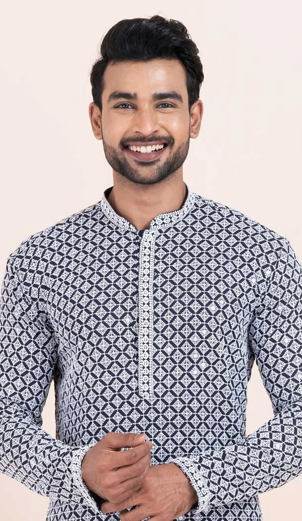 Navy Blue Rayon Embroidery Work Party Wear Mens Kurta Pajama - 11954204148