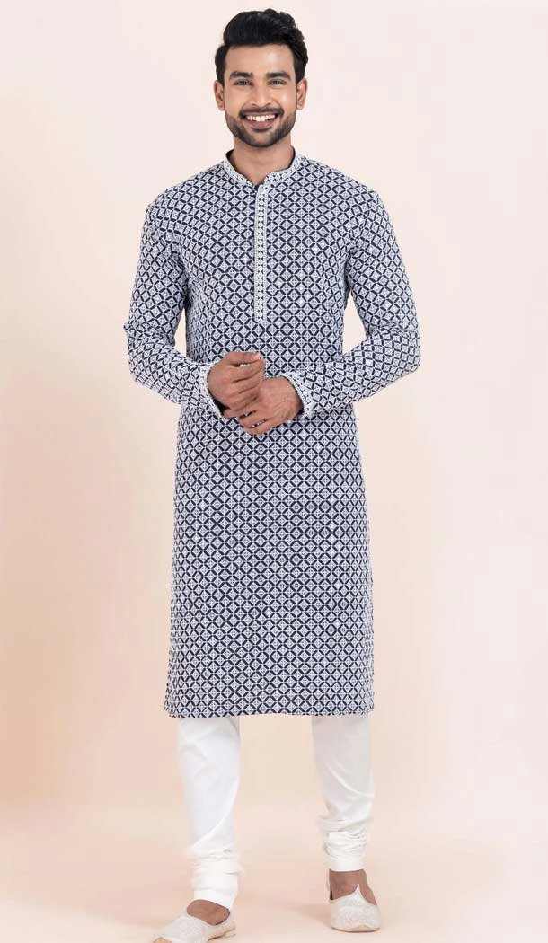 Navy Blue Rayon Embroidery Work Party Wear Mens Kurta Pajama - 11954204148