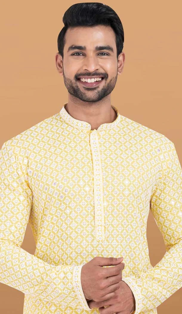 Yellow Rayon Embroidery Work Party Wear Mens Kurta Pajama - 11954204150