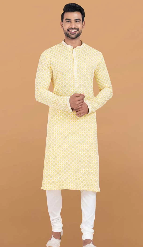 Yellow Rayon Embroidery Work Party Wear Mens Kurta Pajama - 11954204150