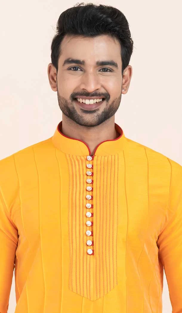 Yellow Silk Thread Work Party Wear Mens Kurta Pajama - 11954204151