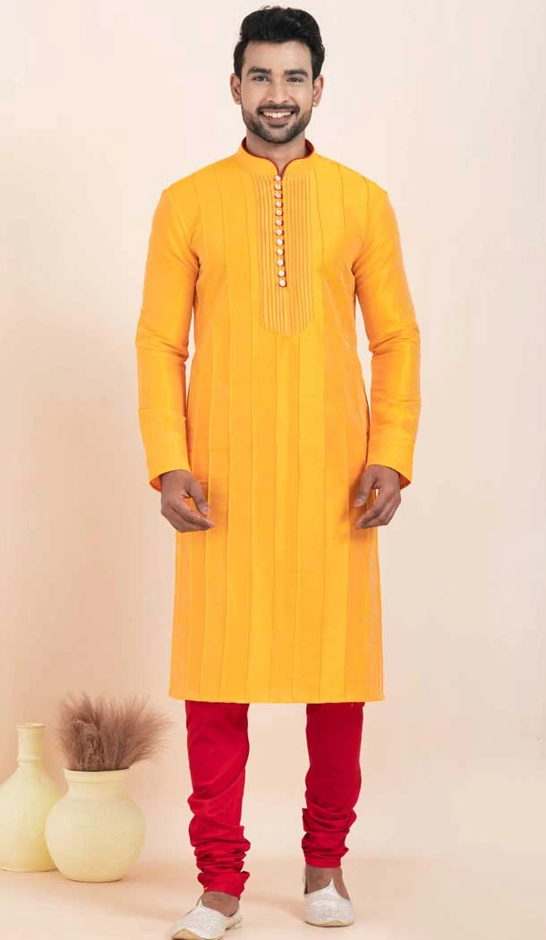 Yellow Silk Thread Work Party Wear Mens Kurta Pajama - 11954204151